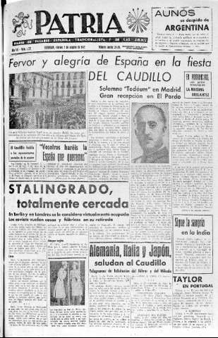 'Patria  : diario de Falange Española Tradicionalista y de las J.O.N.S.' - Año VII Número 1732  - 1942 Octubre 02