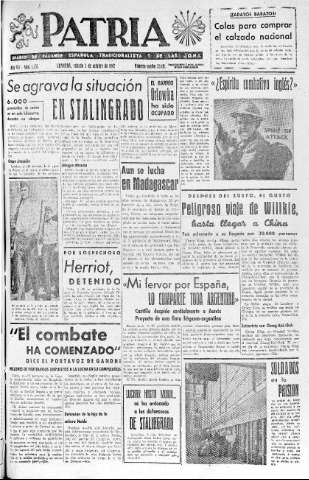 'Patria  : diario de Falange Española Tradicionalista y de las J.O.N.S.' - Año VII Número 1733  - 1942 Octubre 03