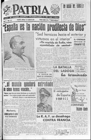 'Patria  : diario de Falange Española Tradicionalista y de las J.O.N.S.' - Año VII Número 1734  - 1942 Octubre 04