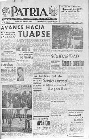 'Patria  : diario de Falange Española Tradicionalista y de las J.O.N.S.' - Año VII Número 1744  - 1942 Octubre 16