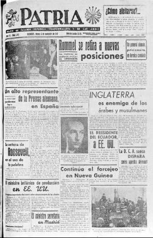 'Patria  : diario de Falange Española Tradicionalista y de las J.O.N.S.' - Año VII Número 1762  - 1942 Noviembre 06