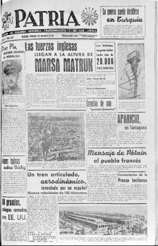 'Patria  : diario de Falange Española Tradicionalista y de las J.O.N.S.' - Año VII Número 1764  - 1942 Noviembre 08