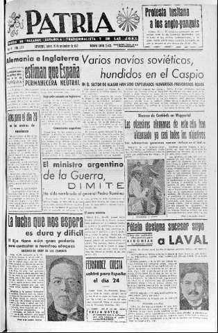 'Patria  : diario de Falange Española Tradicionalista y de las J.O.N.S.' - Año VII Número 1773  - 1942 Noviembre 19