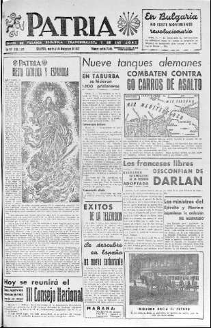 'Patria  : diario de Falange Española Tradicionalista y de las J.O.N.S.' - Año VII Número 1789  - 1942 Diciembre 08