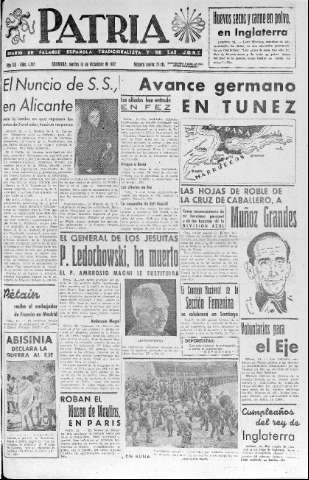 'Patria  : diario de Falange Española Tradicionalista y de las J.O.N.S.' - Año VII Número 1795  - 1942 Diciembre 15