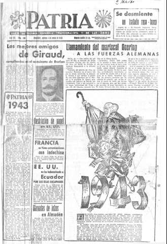 'Patria  : diario de Falange Española Tradicionalista y de las J.O.N.S.' - Año VIII Número 1808  - 1943 Enero 01