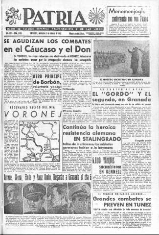 'Patria  : diario de Falange Española Tradicionalista y de las J.O.N.S.' - Año VIII Número 1836  - 1943 Febrero 03