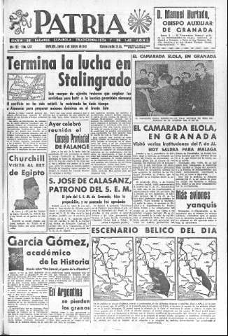 'Patria  : diario de Falange Española Tradicionalista y de las J.O.N.S.' - Año VIII Número 1837  - 1943 Febrero 04