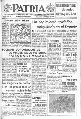 'Patria  : diario de Falange Española Tradicionalista y de las J.O.N.S.' - Año VIII Número 1841  - 1943 Febrero 09