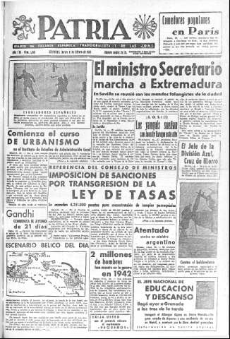 'Patria  : diario de Falange Española Tradicionalista y de las J.O.N.S.' - Año VIII Número 1843  - 1943 Febrero 11