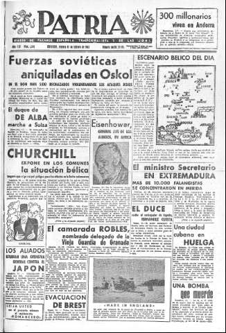 'Patria  : diario de Falange Española Tradicionalista y de las J.O.N.S.' - Año VIII Número 1844  - 1943 Febrero 12