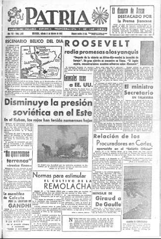 'Patria  : diario de Falange Española Tradicionalista y de las J.O.N.S.' - Año VIII Número 1845  - 1943 Febrero 13