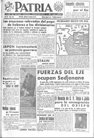 'Patria  : diario de Falange Española Tradicionalista y de las J.O.N.S.' - Año VIII Número 1864  - 1943 Marzo 07