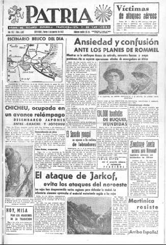'Patria  : diario de Falange Española Tradicionalista y de las J.O.N.S.' - Año VIII Número 1867  - 1943 Marzo 11