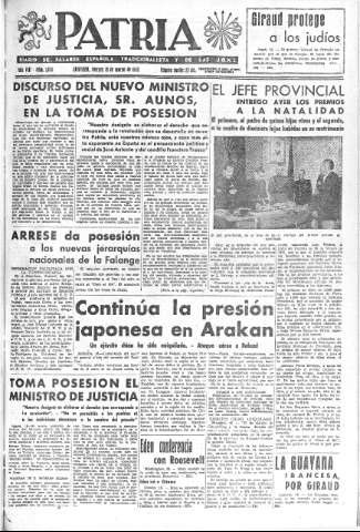'Patria  : diario de Falange Española Tradicionalista y de las J.O.N.S.' - Año VIII Número 1874  - 1943 Marzo 19