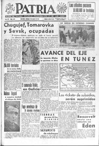 'Patria  : diario de Falange Española Tradicionalista y de las J.O.N.S.' - Año VIII Número 1876  - 1943 Marzo 21
