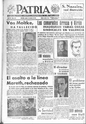 'Patria  : diario de Falange Española Tradicionalista y de las J.O.N.S.' - Año VIII Número 1877  - 1943 Marzo 23