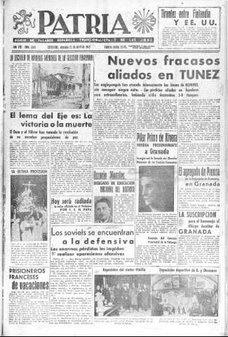 'Patria  : diario de Falange Española Tradicionalista y de las J.O.N.S.' - Año VIII Número 1905  - 1943 Abril 25