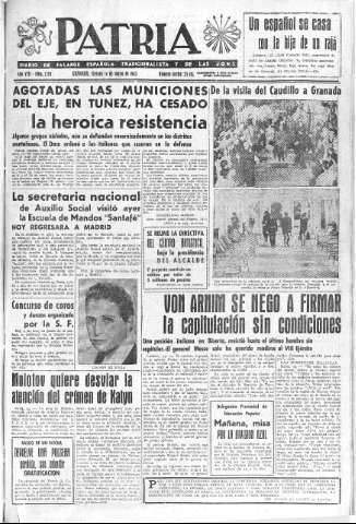 'Patria  : diario de Falange Española Tradicionalista y de las J.O.N.S.' - Año VIII Número 2011  - 1943 Mayo 14