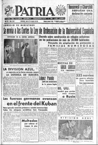 'Patria  : diario de Falange Española Tradicionalista y de las J.O.N.S.' - Año VIII Número 2022  - 1943 Mayo 27