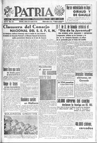 'Patria  : diario de Falange Española Tradicionalista y de las J.O.N.S.' - Año VIII Número 2023  - 1943 Mayo 28