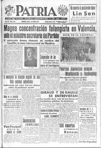 'Patria  : diario de Falange Española Tradicionalista y de las J.O.N.S.' - Año VIII Número 2026  - 1943 Junio 01