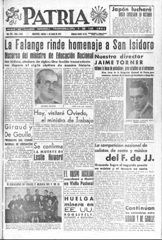 'Patria  : diario de Falange Española Tradicionalista y de las J.O.N.S.' - Año VIII Número 2029  - 1943 Junio 04