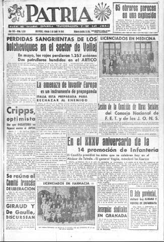 'Patria  : diario de Falange Española Tradicionalista y de las J.O.N.S.' - Año VIII Número 2030  - 1943 Junio 05
