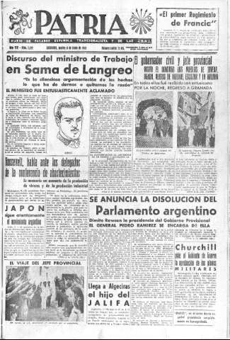 'Patria  : diario de Falange Española Tradicionalista y de las J.O.N.S.' - Año VIII Número 2032  - 1943 Junio 08