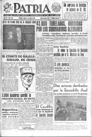 'Patria  : diario de Falange Española Tradicionalista y de las J.O.N.S.' - Año VIII Número 2036  - 1943 Junio 12