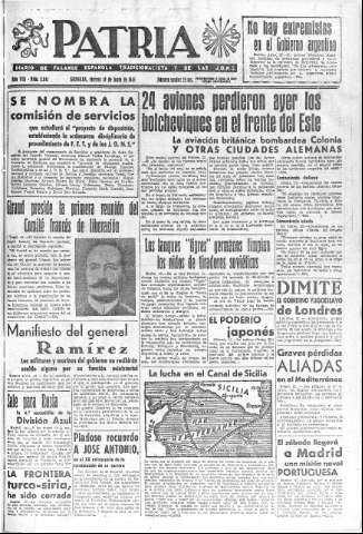 'Patria  : diario de Falange Española Tradicionalista y de las J.O.N.S.' - Año VIII Número 2041  - 1943 Junio 18
