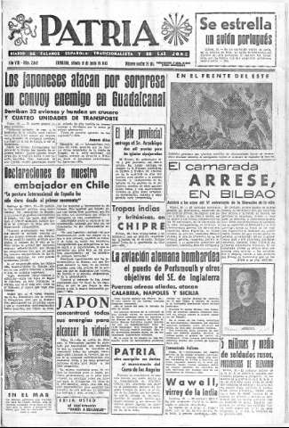 'Patria  : diario de Falange Española Tradicionalista y de las J.O.N.S.' - Año VIII Número 2042  - 1943 Junio 19