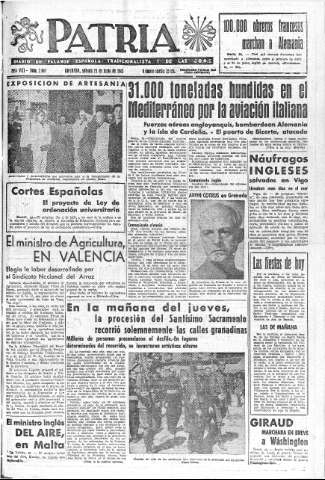 'Patria  : diario de Falange Española Tradicionalista y de las J.O.N.S.' - Año VIII Número 2047  - 1943 Junio 26