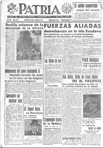 'Patria  : diario de Falange Española Tradicionalista y de las J.O.N.S.' - Año VIII Número 2052  - 1943 Julio 02
