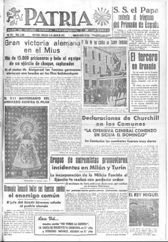 'Patria  : diario de Falange Española Tradicionalista y de las J.O.N.S.' - Año VIII Número 2080  - 1943 Agosto 04