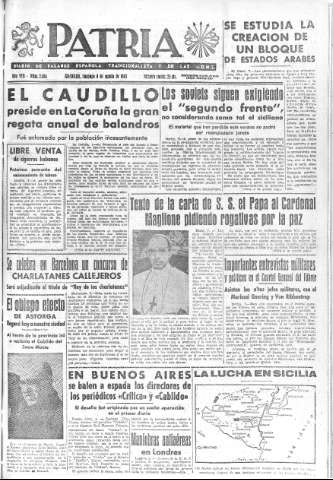 'Patria  : diario de Falange Española Tradicionalista y de las J.O.N.S.' - Año VIII Número 2084  - 1943 Agosto 08