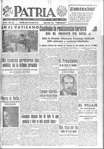 'Patria  : diario de Falange Española Tradicionalista y de las J.O.N.S.' - Año VIII Número 2085  - 1943 Agosto 10