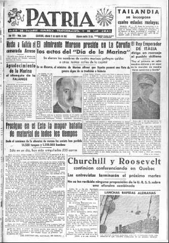 'Patria  : diario de Falange Española Tradicionalista y de las J.O.N.S.' - Año VIII Número 2095  - 1943 Agosto 21
