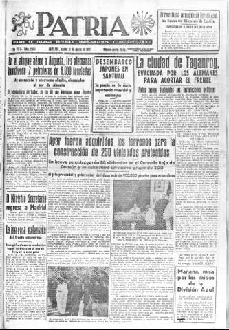'Patria  : diario de Falange Española Tradicionalista y de las J.O.N.S.' - Año VIII Número 2104  - 1943 Agosto 31