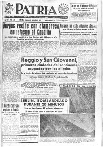 'Patria  : diario de Falange Española Tradicionalista y de las J.O.N.S.' - Año VIII Número 2109  - 1943 Septiembre 05