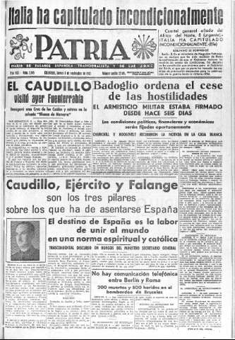 'Patria  : diario de Falange Española Tradicionalista y de las J.O.N.S.' - Año VIII Número 2112  - 1943 Septiembre 09