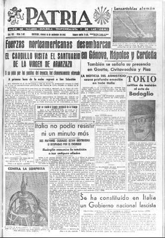 'Patria  : diario de Falange Española Tradicionalista y de las J.O.N.S.' - Año VIII Número 2113  - 1943 Septiembre 10