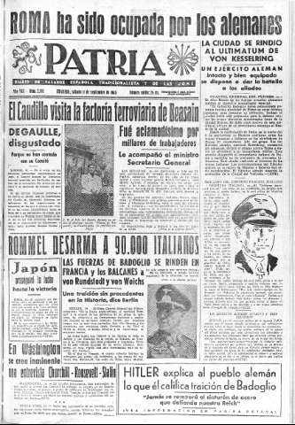 'Patria  : diario de Falange Española Tradicionalista y de las J.O.N.S.' - Año VIII Número 2114  - 1943 Septiembre 11