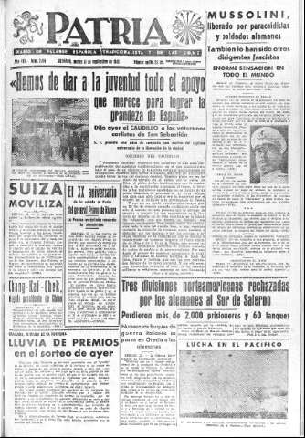 'Patria  : diario de Falange Española Tradicionalista y de las J.O.N.S.' - Año VIII Número 2116  - 1943 Septiembre 14