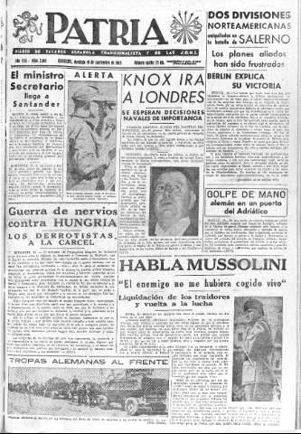 'Patria  : diario de Falange Española Tradicionalista y de las J.O.N.S.' - Año VIII Número 2121  - 1943 Septiembre 19