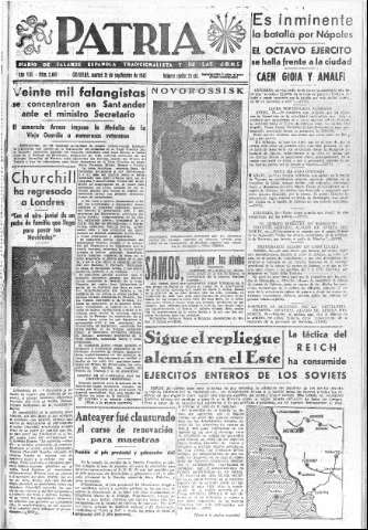 'Patria  : diario de Falange Española Tradicionalista y de las J.O.N.S.' - Año VIII Número 2122  - 1943 Septiembre 21