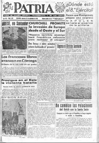 'Patria  : diario de Falange Española Tradicionalista y de las J.O.N.S.' - Año VIII Número 2123  - 1943 Septiembre 22