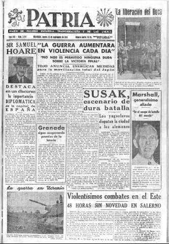'Patria  : diario de Falange Española Tradicionalista y de las J.O.N.S.' - Año VIII Número 2124  - 1943 Septiembre 23