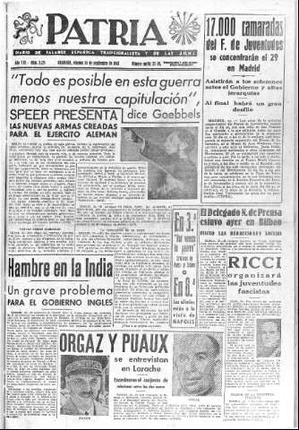 'Patria  : diario de Falange Española Tradicionalista y de las J.O.N.S.' - Año VIII Número 2125  - 1943 Septiembre 24