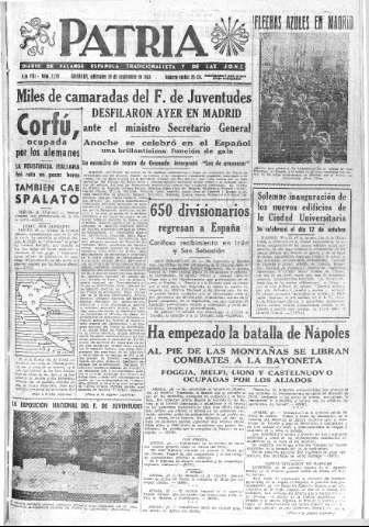 'Patria  : diario de Falange Española Tradicionalista y de las J.O.N.S.' - Año VIII Número 2129  - 1943 Septiembre 29
